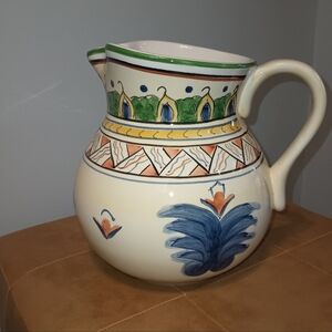 Regency Hand-Painted Ceramic Pitcher Cream with Blue, Green and Yellow Accents